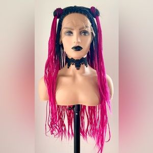 Long Braided 28” Ombre Hot Pink Premium Fiber Lace Front Wig 🩷🖤